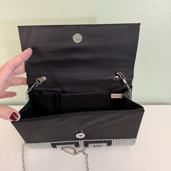 Greek Clutch Bag Rhinestone Embellished Black Silver Chain Purse Evening Party - Picture 8 of 12